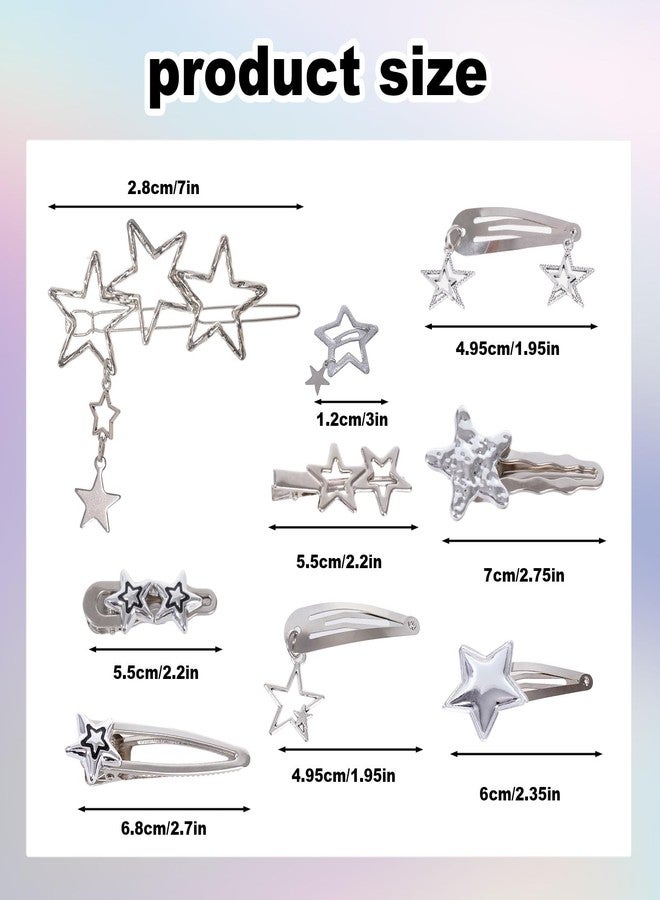 yeabwps 14 Pcs Y2K Silver Star Hair Clips Metal Barrettes 10 Shapes Non-Slip Snap Hair Accessories for Girls Punk Kawaii 2000s Hair Clips for Women (Silver) - Image 2